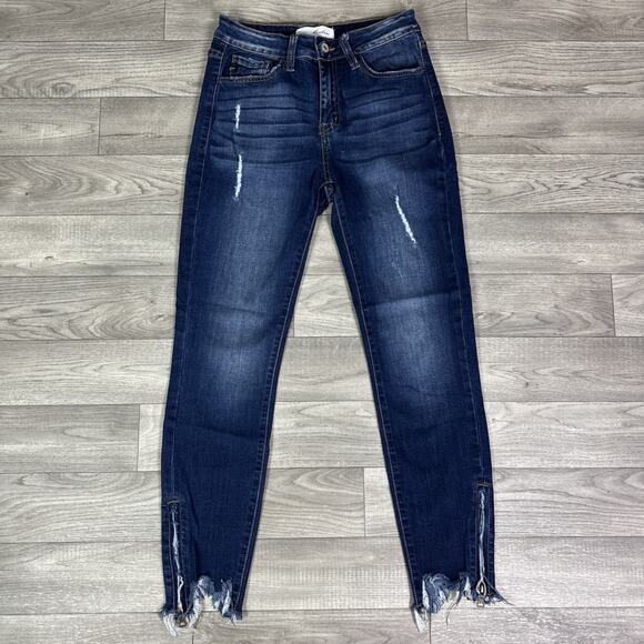 KanCan Distressed Side Zipper Frayed Hem Skinny Jeans Dark Wash sz 5/26 - Picture 2 of 8